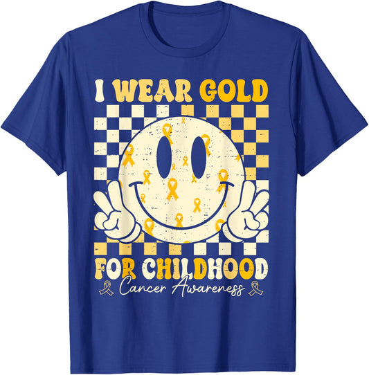 Retro I Wear Gold For Childhood Cancer Awareness Gold Ribbon T-Shirt - T-Shirt | Royal