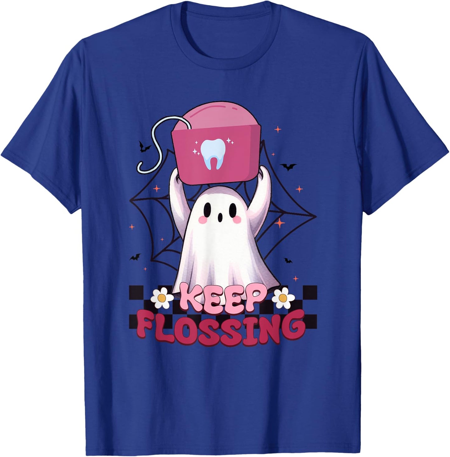 Keep Flossing Ghost Groovy Dental Hygiene Halloween Crew T-Shirt - T-Shirt | Royal