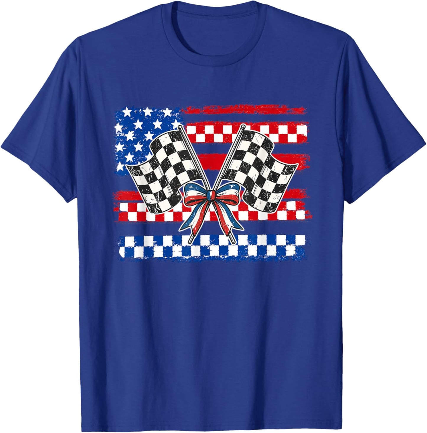 Patriotic Racing Flags Shirt Checkered Flag USA Race Day T-Shirt - T-Shirt | Royal