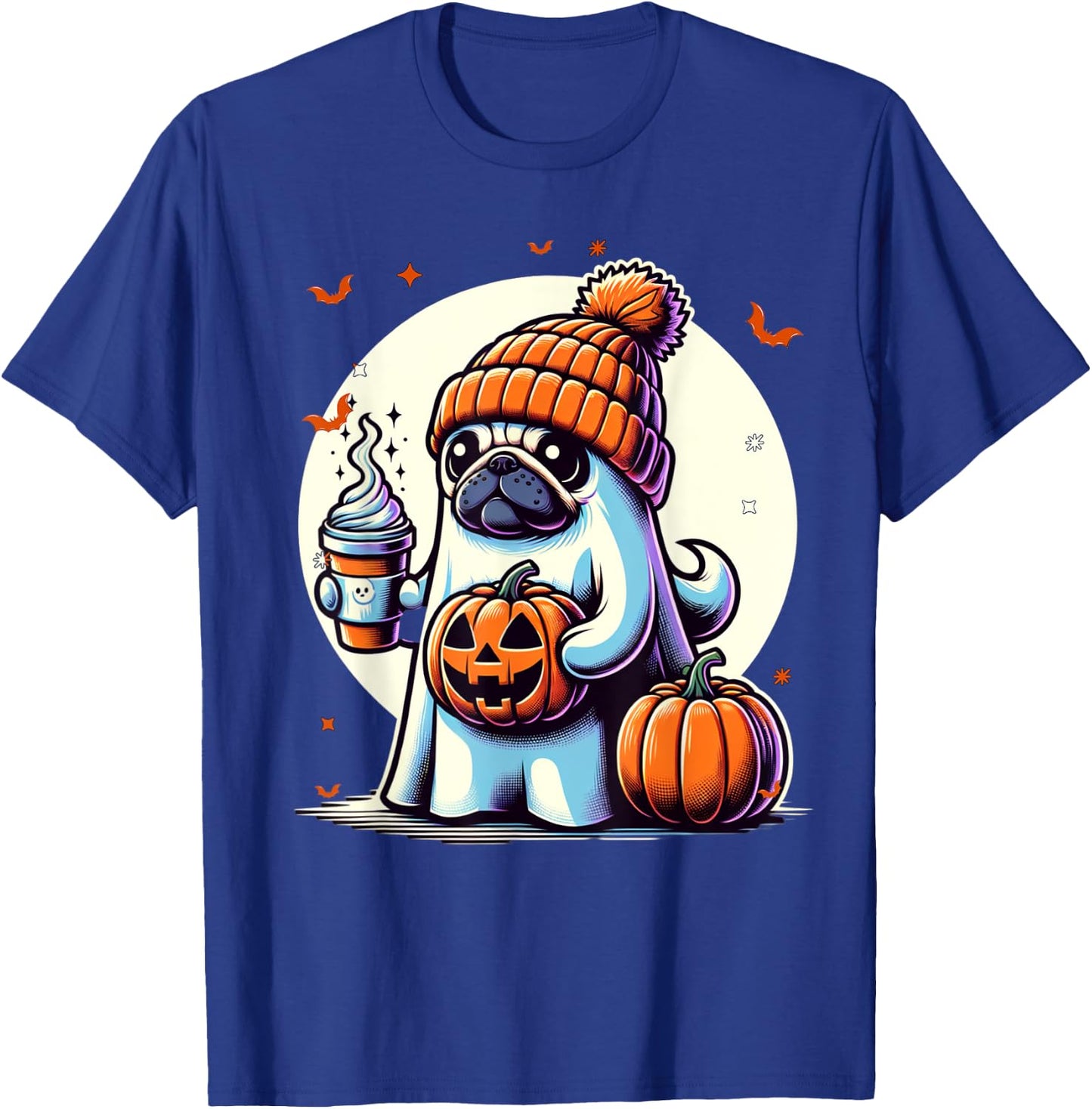 Ghost Pug Pumpkin Drinks Beanie Fall Halloween T-Shirt - T-Shirt | Royal