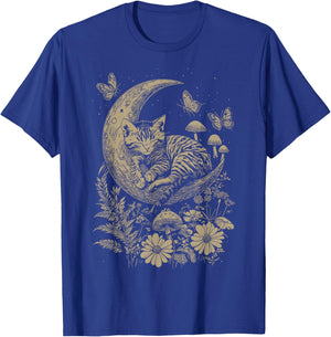 Cute Fairycore Floral Cat Sleeping Moon Aesthetic Girl Women T-Shirt - T-Shirt | Royal