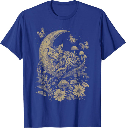 Cute Fairycore Floral Cat Sleeping Moon Aesthetic Girl Women T-Shirt - T-Shirt | Royal