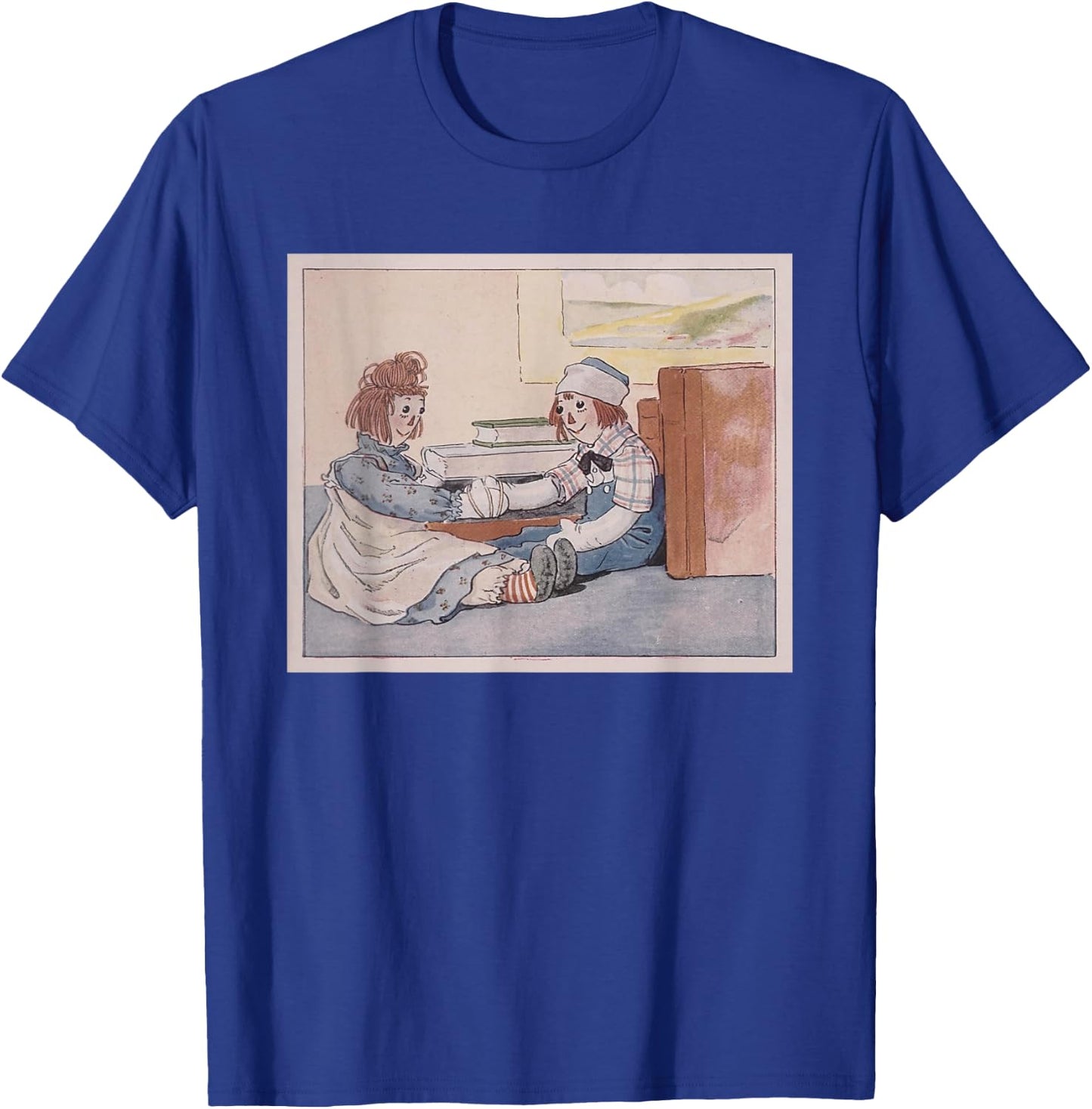 Raggedy Ann & Andy - Their Hands Tied Together Near Books T-Shirt - T-Shirt | Royal