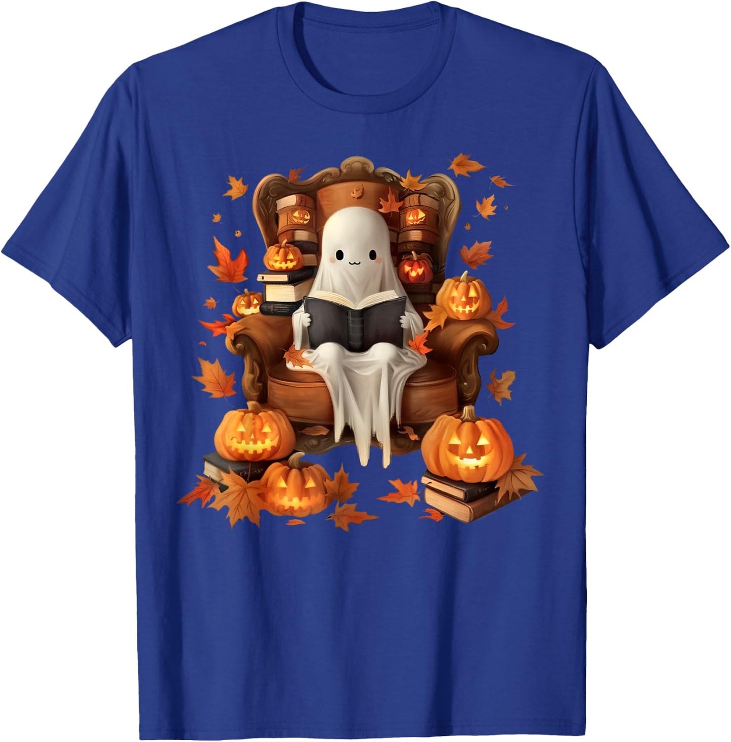 Vintage Ghost Book Reading Pumpkin Gothic Halloween Teachers Women Kids T-Shirt - T-Shirt | Royal