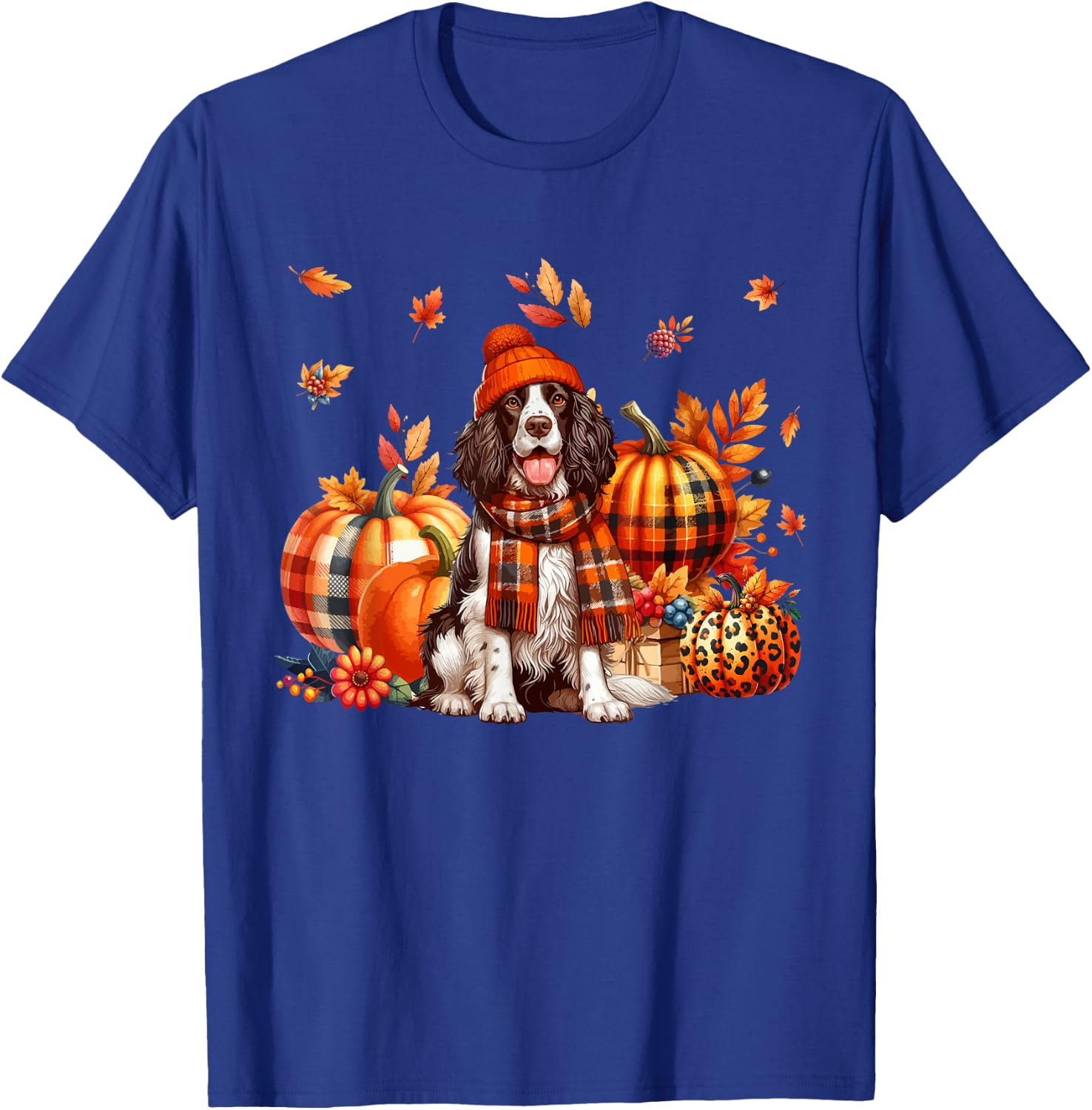 English Springer Spaniel Thanksgiving Leopard Pumpkins Fall T-Shirt - T-Shirt | Royal