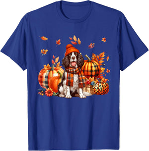 English Springer Spaniel Thanksgiving Leopard Pumpkins Fall T-Shirt - T-Shirt | Royal