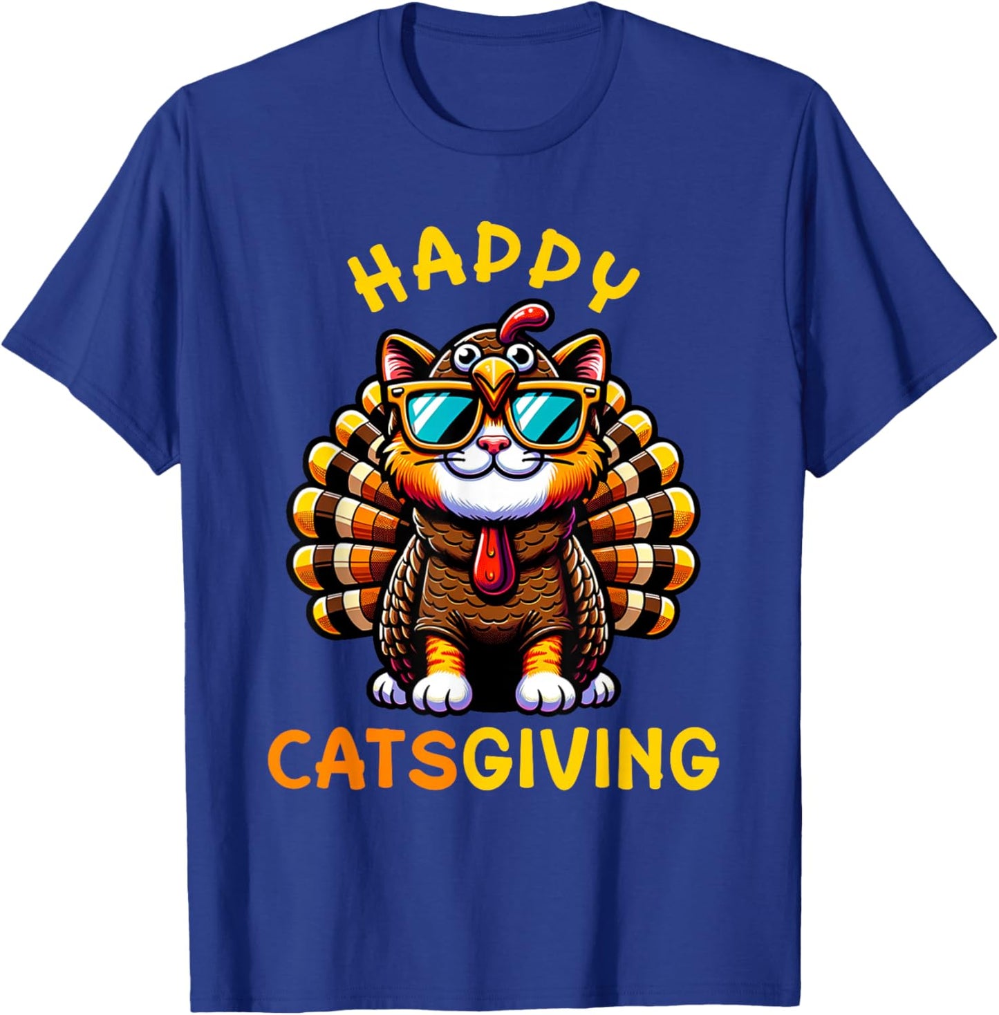 Happy Catsgiving Thanksgiving Funny Turkey Cat Men Women Girls Kids T-Shirt - T-Shirt | Royal