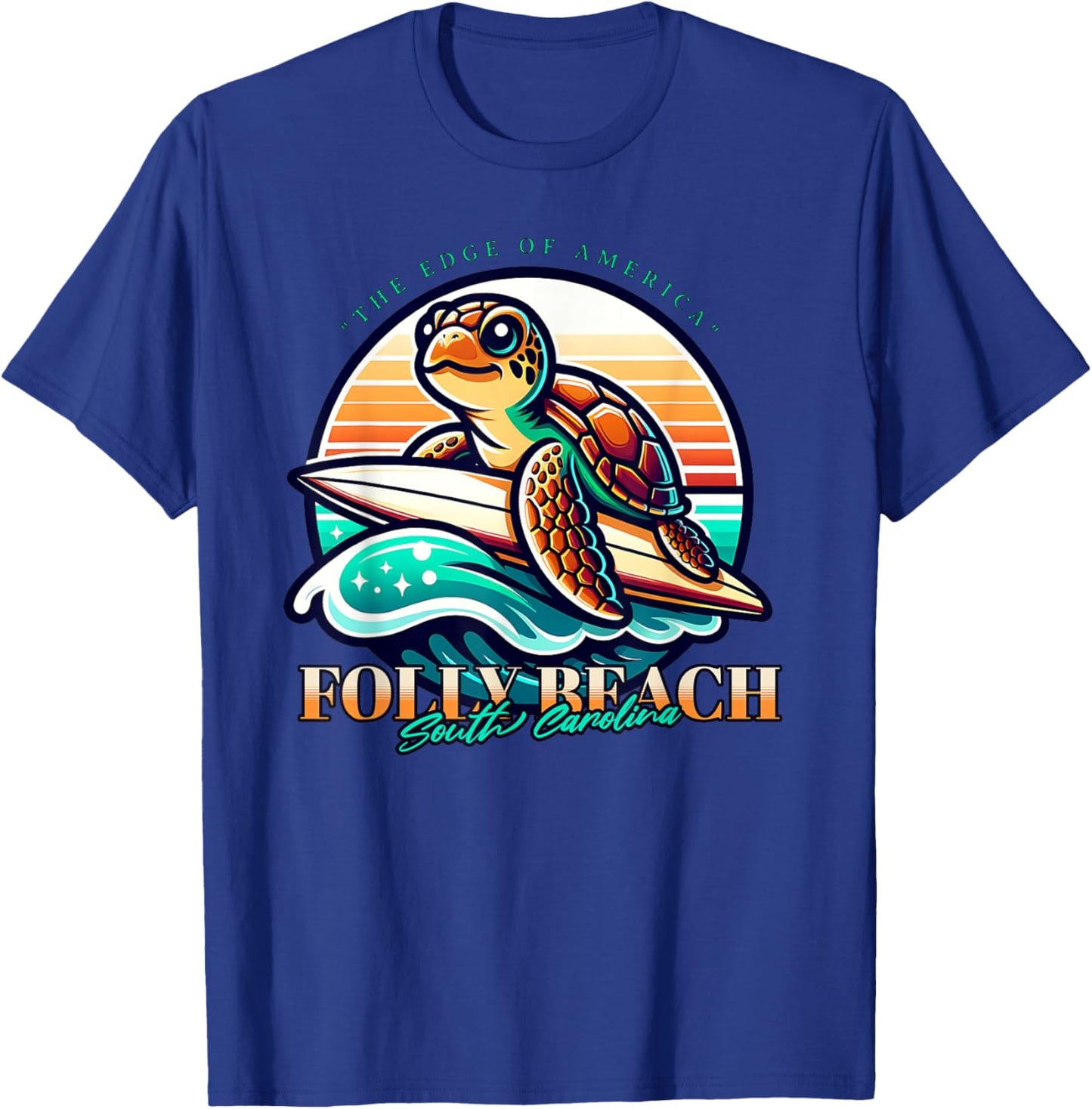 Folly Beach South Carolina Loggerhead Sea Turtle Retro Sun Women Kids T-Shirt - T-Shirt | Royal