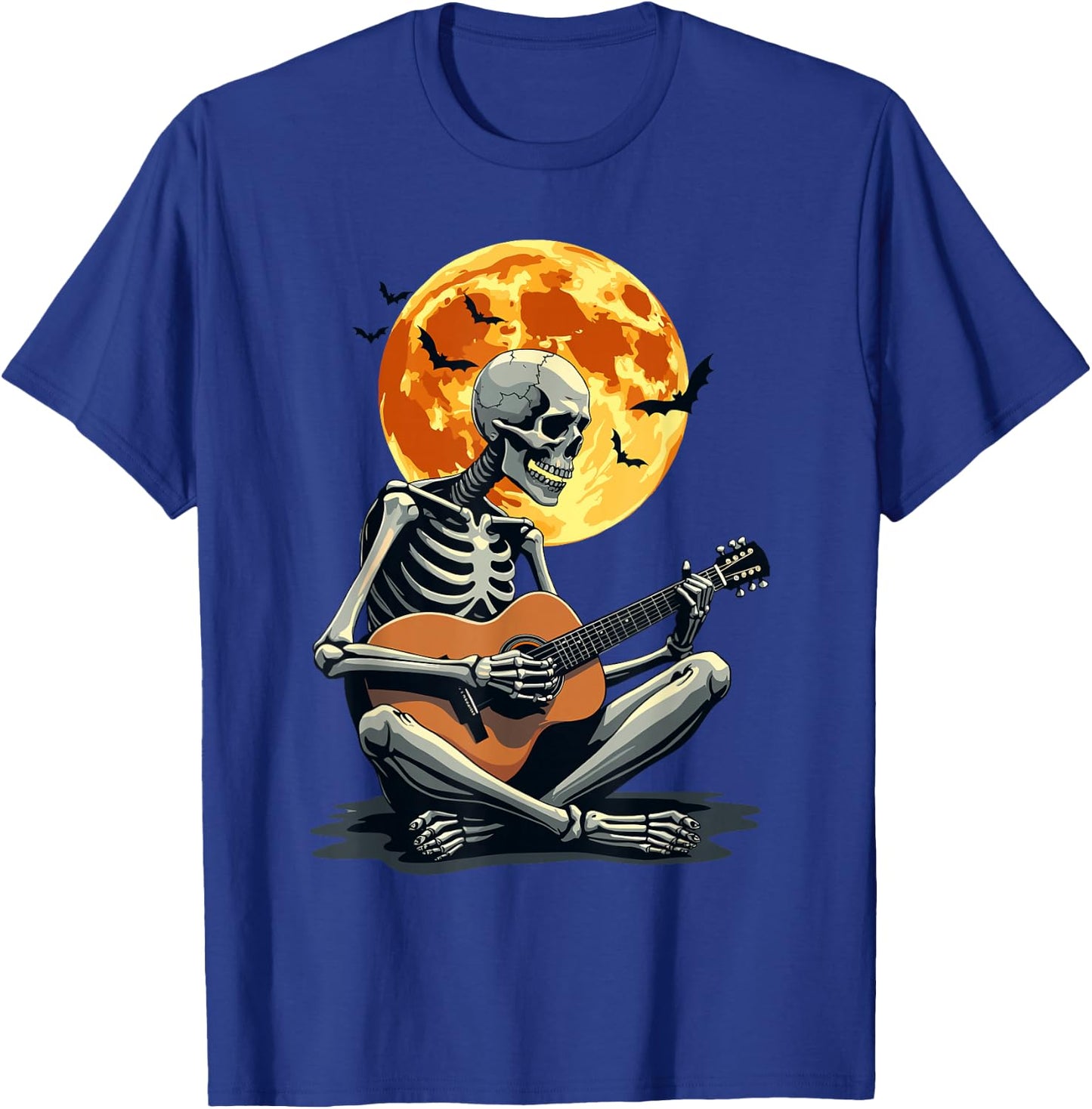 Skeleton Playing Guitar & Funny Halloween | Music & Moon T-Shirt - T-Shirt | Royal