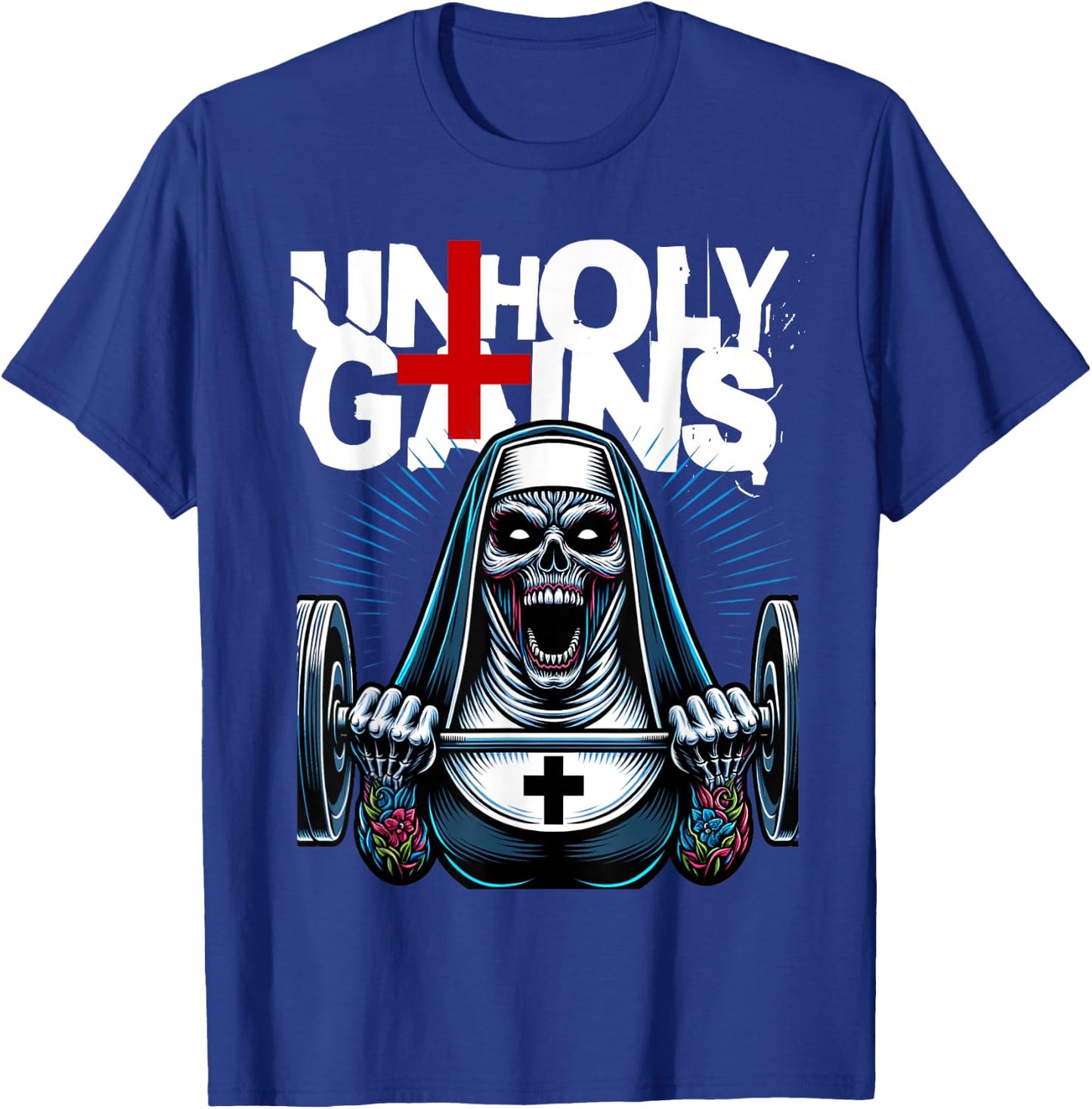 Unholy Gains Satanic Workout Devil Worship Nun Lifting T-Shirt - T-Shirt | Royal