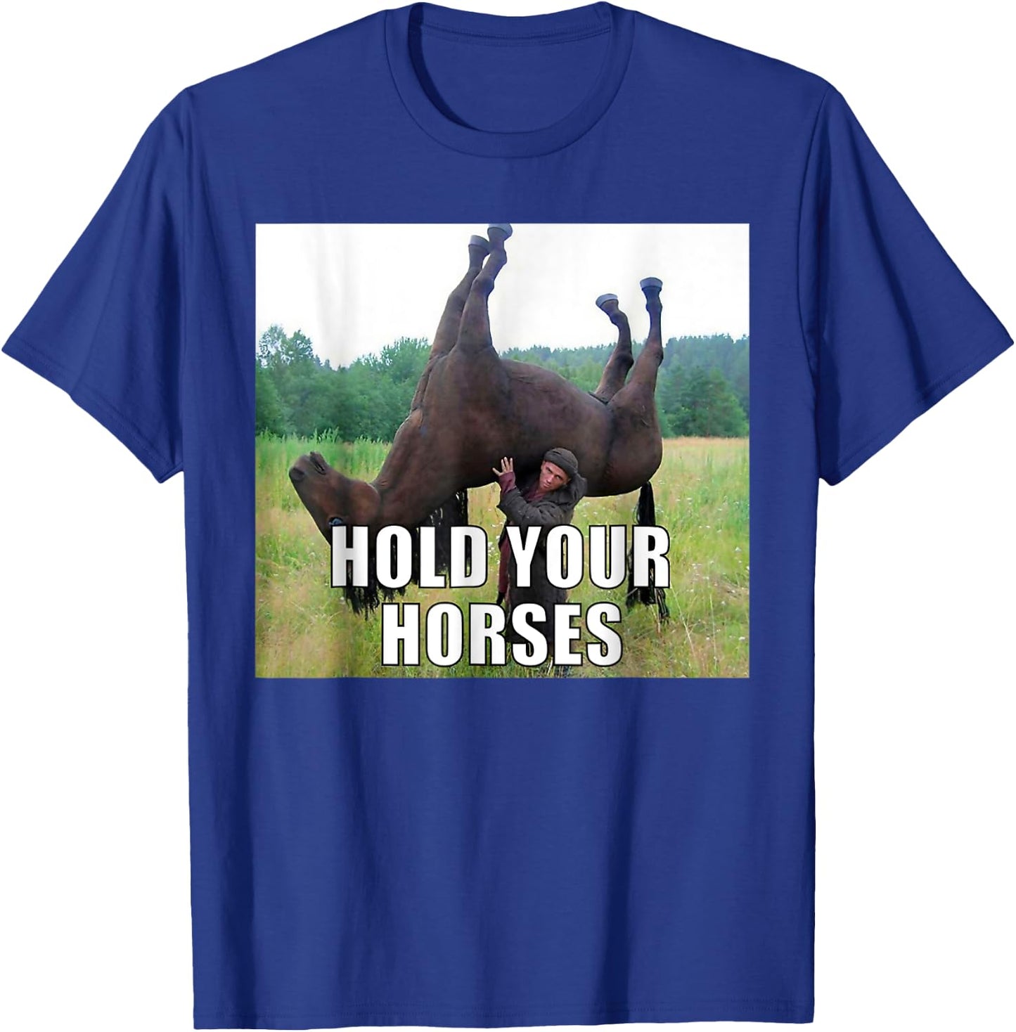 Hold Your Horses Dad Joke Funny Oddly Specific Dank Meme T-Shirt - T-Shirt | Royal
