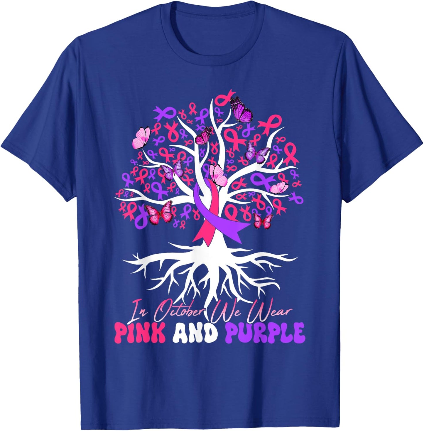 Domestic Violence Breast Cancer Awareness Month Ribbon Tree T-Shirt - T-Shirt | Royal