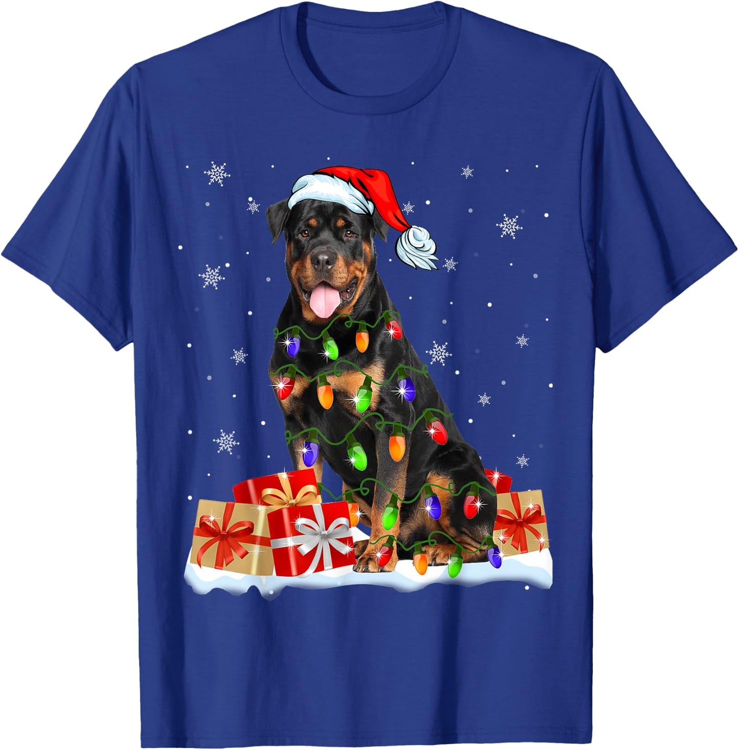 Rottweiler Santa Christmas Tree Light Xmas Puggy Lover Gifts T-Shirt - T-Shirt | Royal
