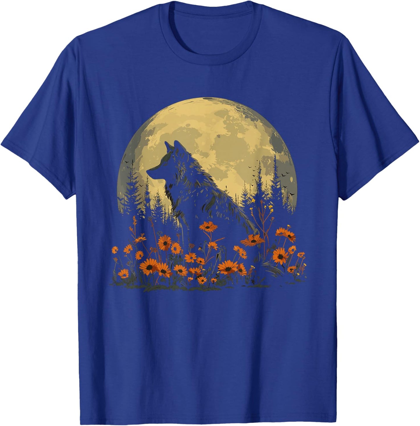 Wolf Floral Full Moon Wolves Flowers T-Shirt - T-Shirt | Royal