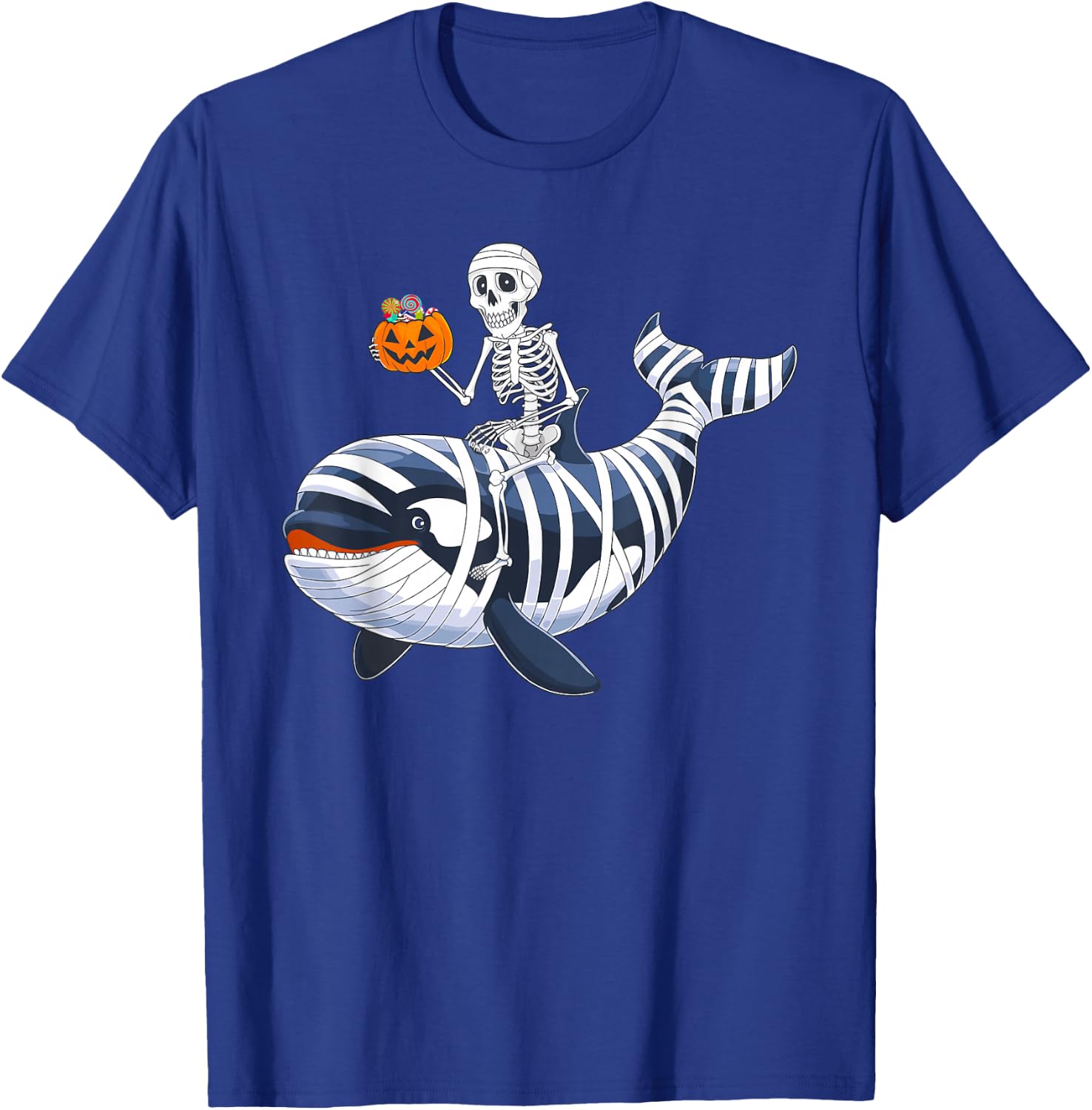 Skeleton Riding Mummy Orca Halloween Candy Whale T-Shirt - T-Shirt | Royal