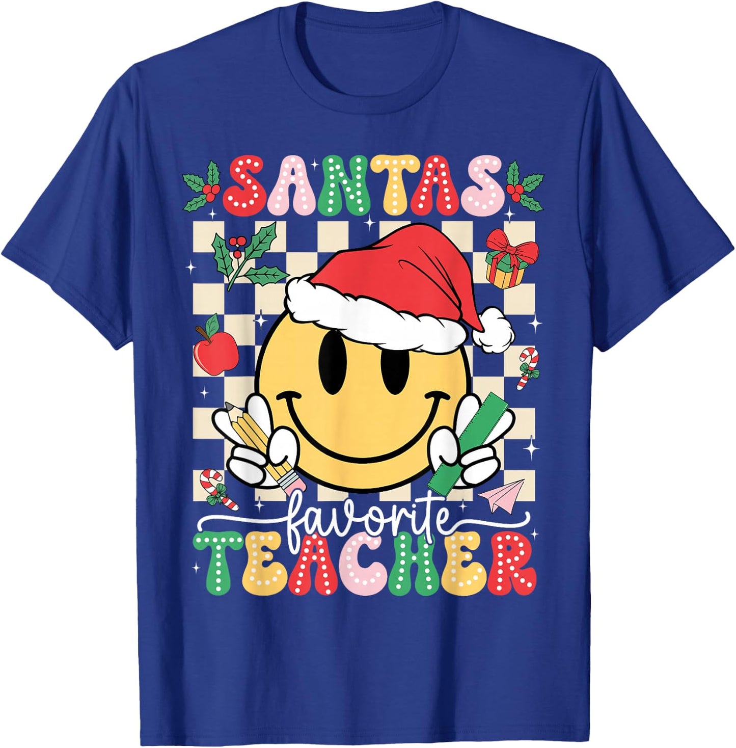 Santas Favorite Teacher Retro Groovy Smile Face Christmas T-Shirt - T-Shirt | Royal