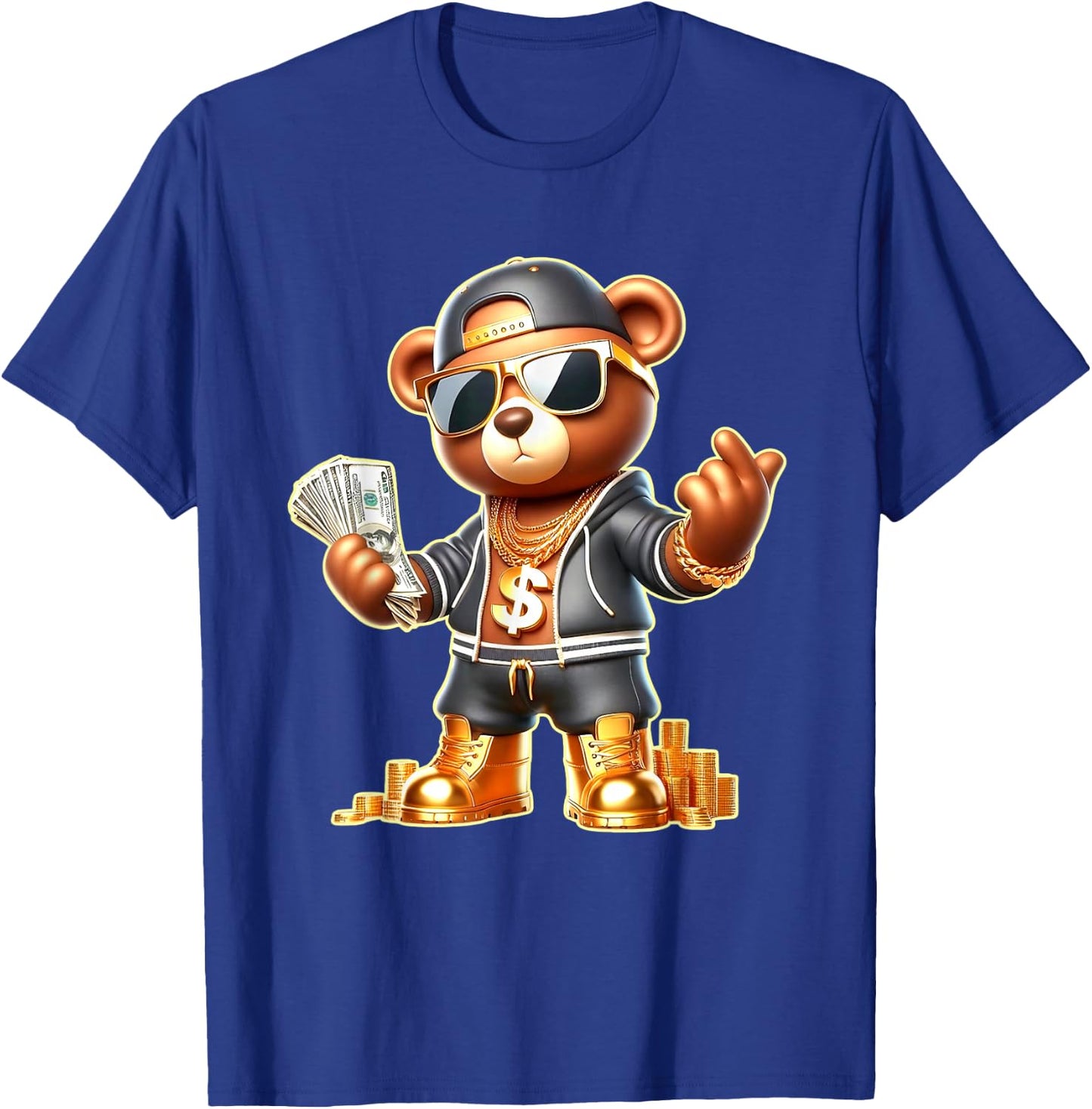 Golden Teddy Bear Money Stacks Golden Chain Gangsta T-Shirt - T-Shirt | Royal