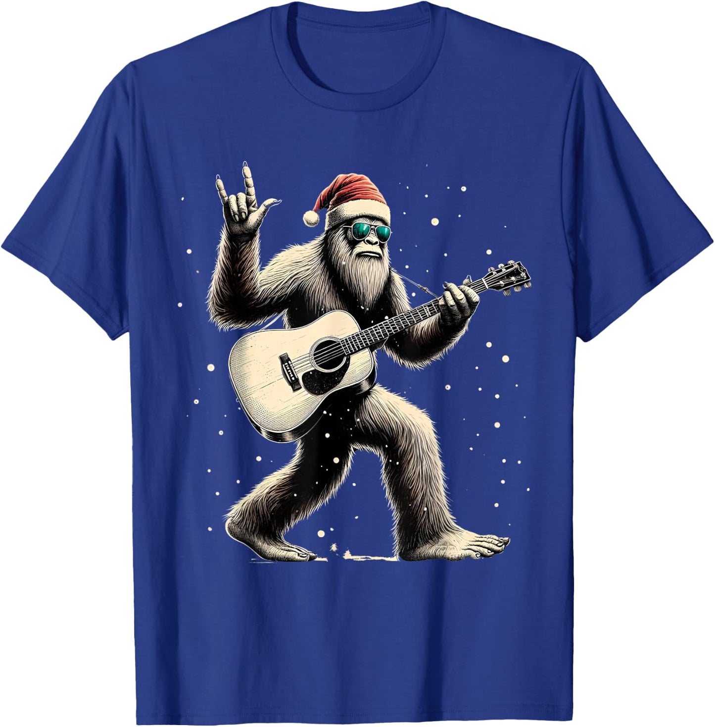 Funny Bigfoot Santa Hat Christmas Bigfoot Playing Guitar T-Shirt - T-Shirt | Royal