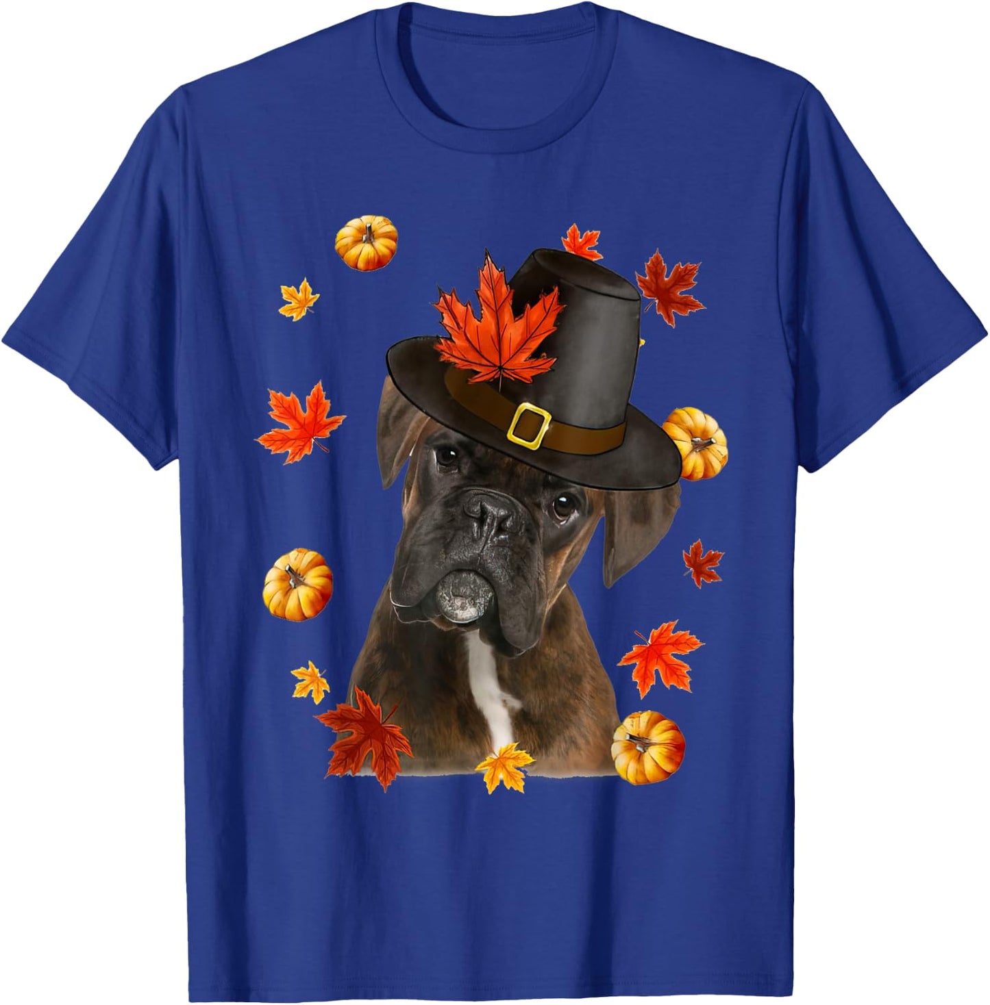 Boxer Dog Pilgrim Hat Fall Happy Thanksgiving Day T-Shirt - T-Shirt | Royal