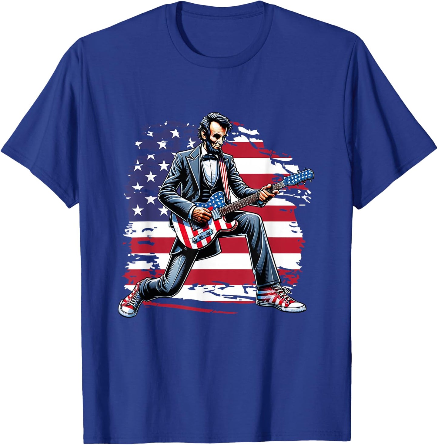 American Flag Patriotic Rock Guitar Abe Lincoln 4th Of July T-Shirt - T-Shirt | Royal