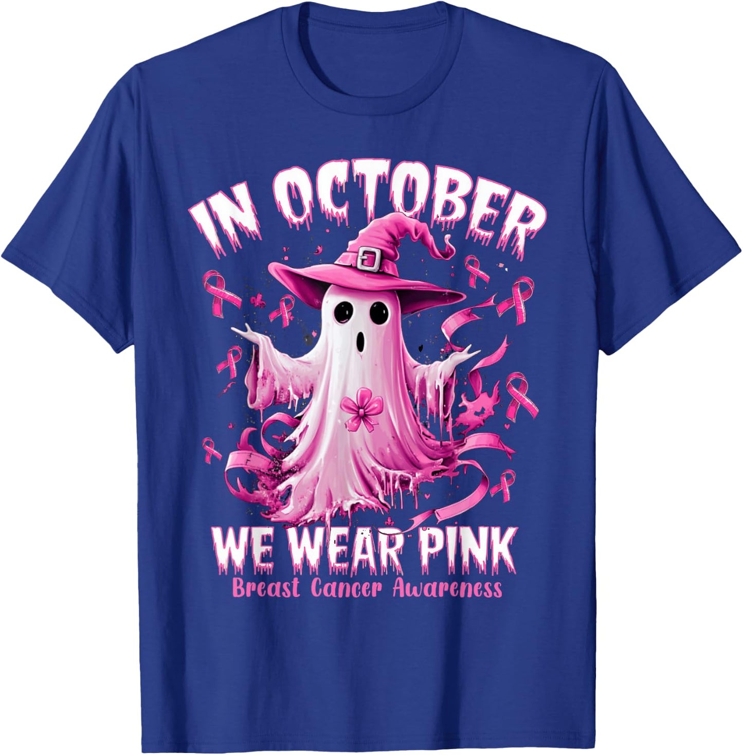 In October We Wear Pink Ghost Witch Breast Cancer Awareness T-Shirt - T-Shirt | Royal