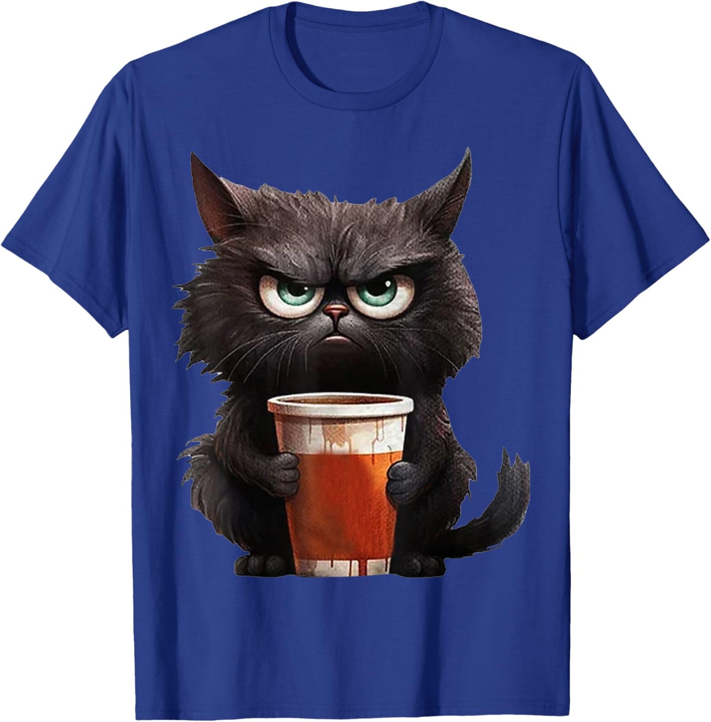 Cute Black Cat drinking coffee cup - Grumpy angry black cat Men Women Kids T-Shirt - T-Shirt | Royal