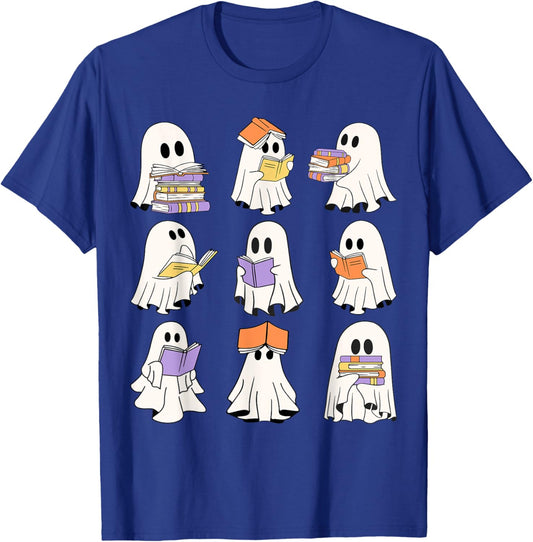 Cute Ghost Reading Books Teacher halloween reading Men Women Kids T-Shirt - T-Shirt | Royal