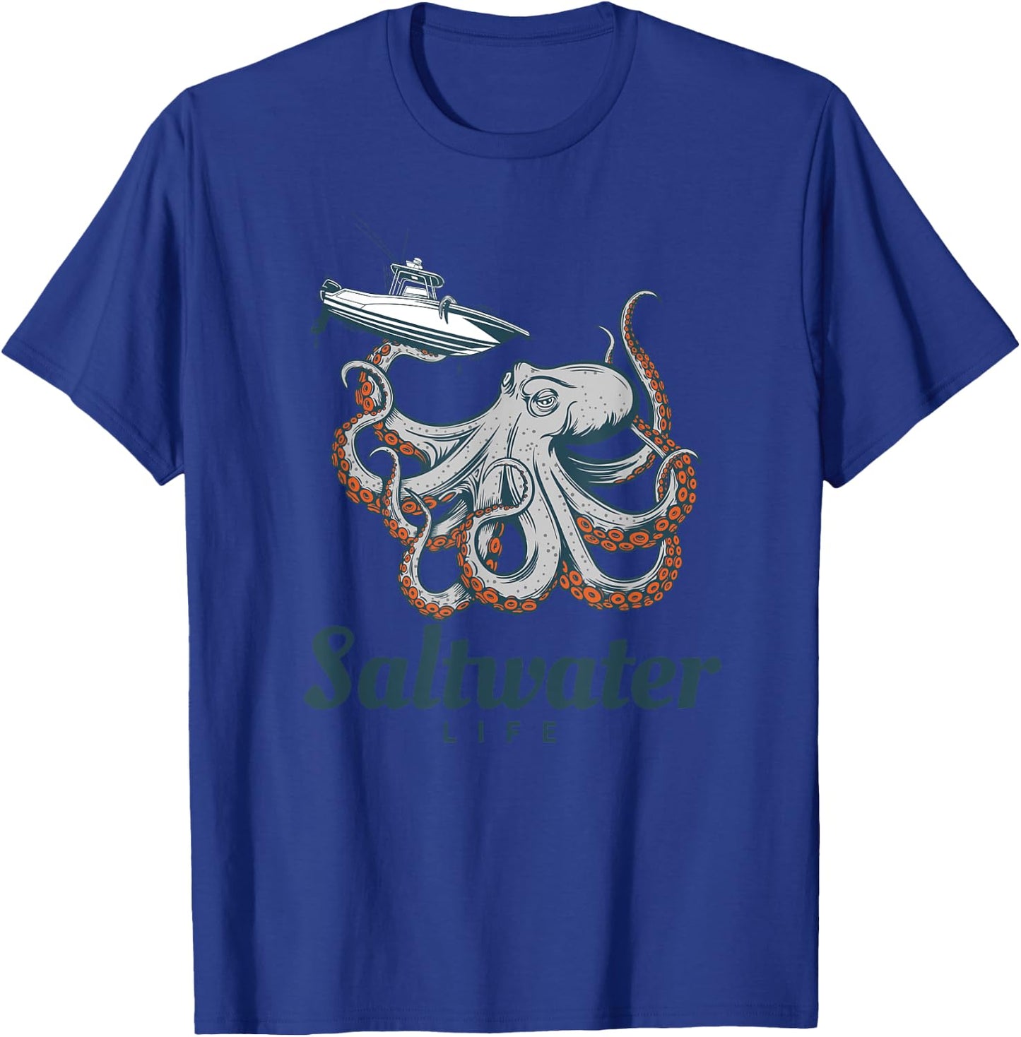 Saltwater Life Saltwater Octopus Holding a Boat T-Shirt - T-Shirt | Royal
