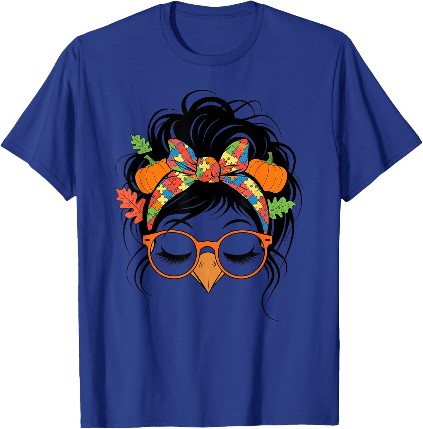 Autism Messy Bun Hair Turkey Fall Thanksgiving Girls T-Shirt - T-Shirt | Royal