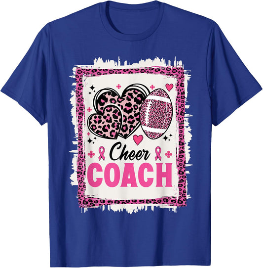 Cheer Coach Leopard Cheerleading Football Breast Cancer T-Shirt - T-Shirt | Royal
