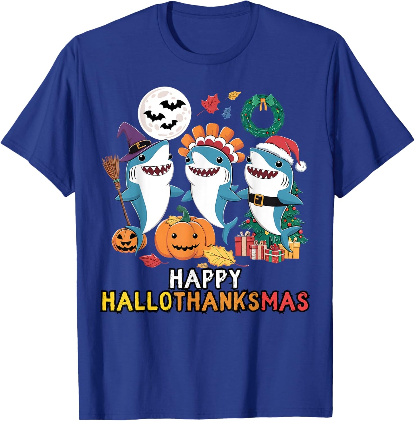 Happy Hallothanksmas Christmas Halloween, Shark Thanksgiving T-Shirt - T-Shirt | Royal