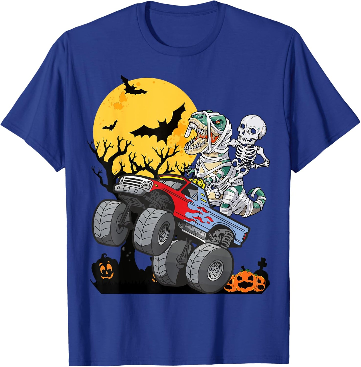 Boys Halloween Monster Truck Pumpkin Mummy Dinosaur T rex T-Shirt - T-Shirt | Royal