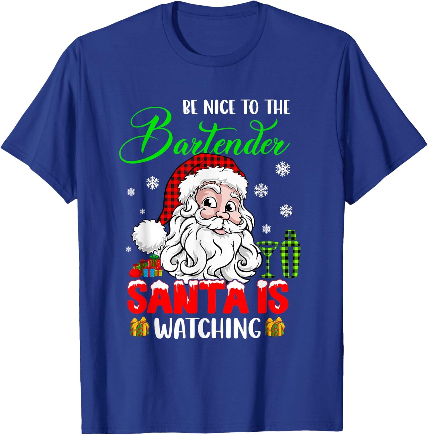 Be Nice To The Bartender Santa Is Watching Xmas Santa Face T-Shirt - T-Shirt | Royal