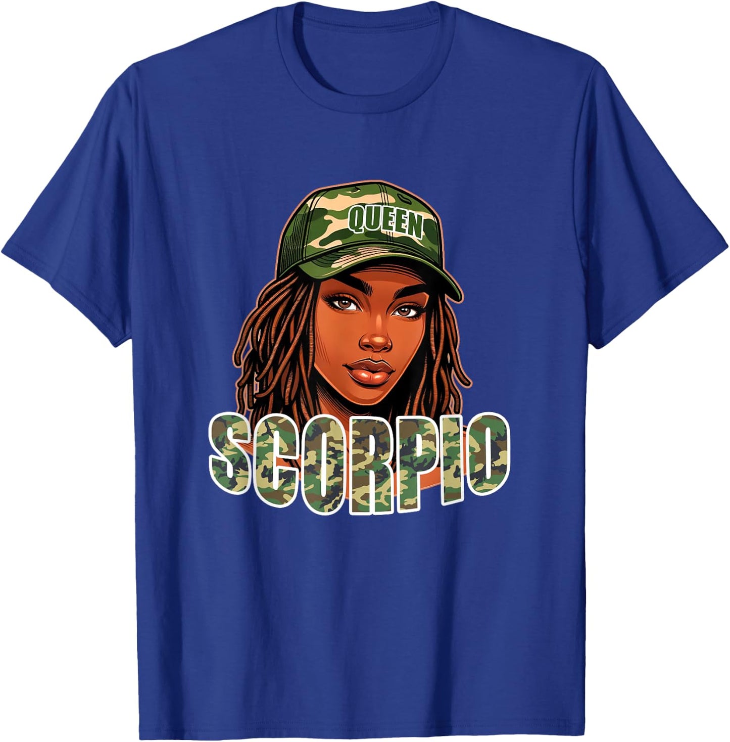Scorpio Queen Black Woman Camo Hat Locs Birthday T-Shirt - T-Shirt | Royal