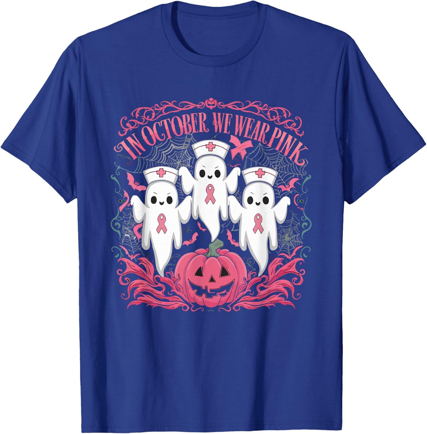 In October We Wear Pink Ribbon Nurse Ghost Halloween T-Shirt - T-Shirt | Royal
