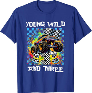 Boy Kids 3rd Birthday Monster Truck Young Wild and Three T-Shirt - T-Shirt | Royal