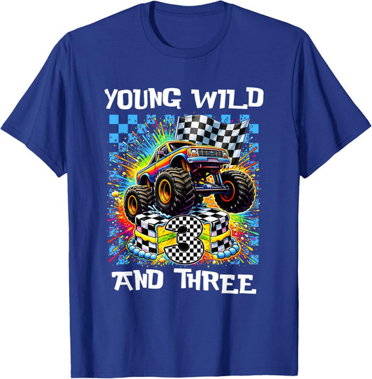 Boy Kids 3rd Birthday Monster Truck Young Wild and Three T-Shirt - T-Shirt | Royal