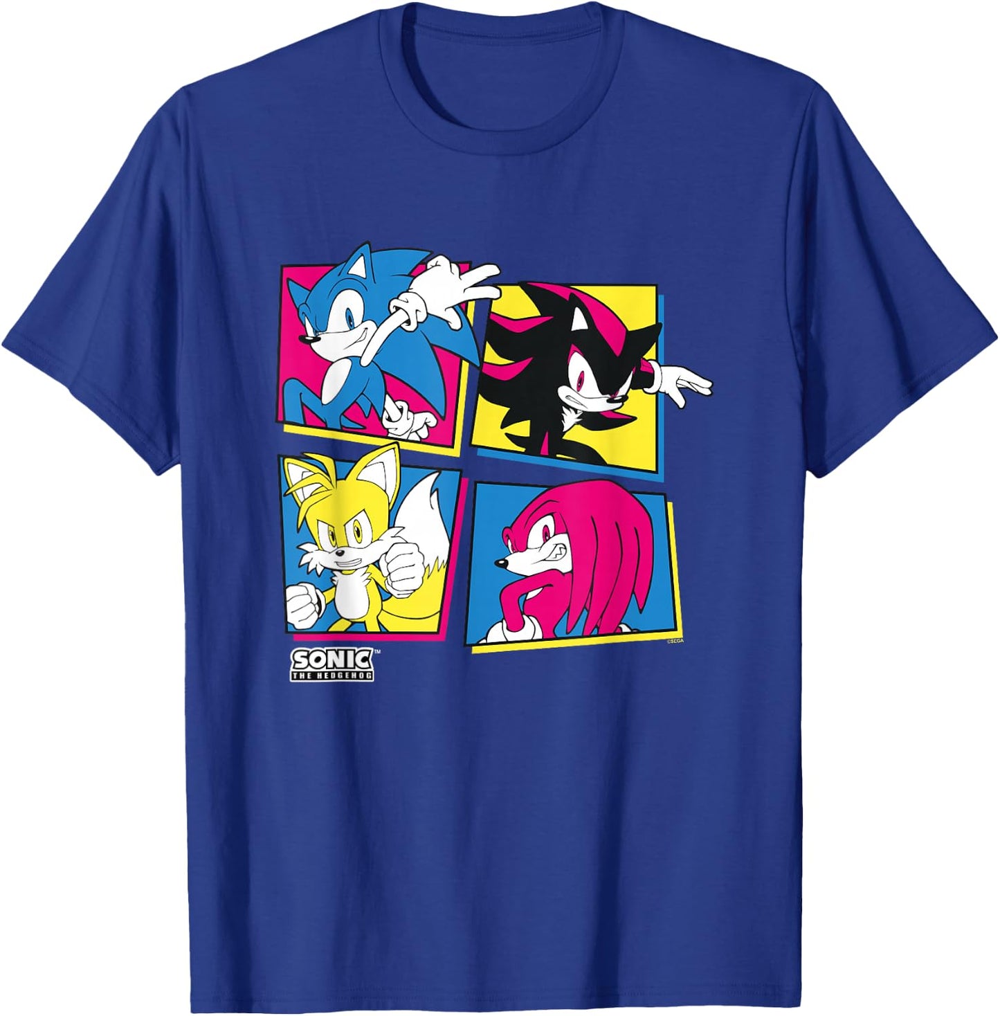 Sonic The Hedgehog Sonic Shadow Tails Knuckles Retro Panels T-Shirt - T-Shirt | Royal