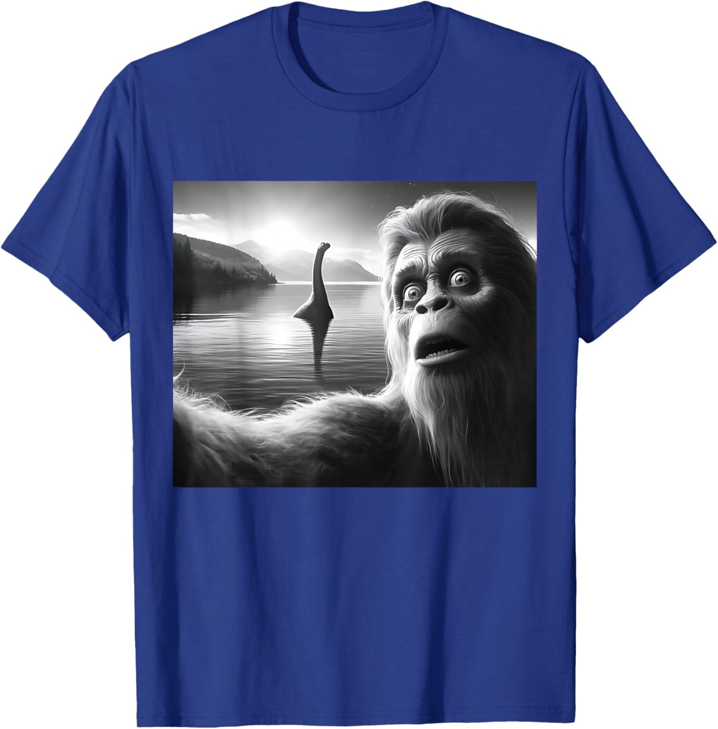 Funny Surprised Squatch Selfie with Loch Ness Monster Nessie T-Shirt - T-Shirt | Royal