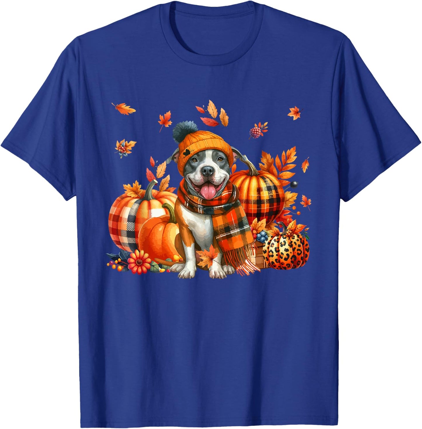 Pit Bull Thanksgiving Leopard Pumpkins Fall Leaves Lover T-Shirt - T-Shirt | Royal