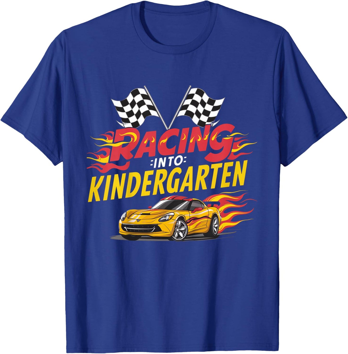 Kids Hello First Day of Kindergarten Racing Car Back to School T-Shirt - T-Shirt | Royal