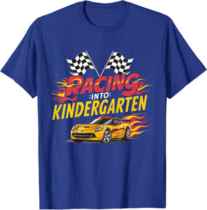 Kids Hello First Day of Kindergarten Racing Car Back to School T-Shirt - T-Shirt | Royal