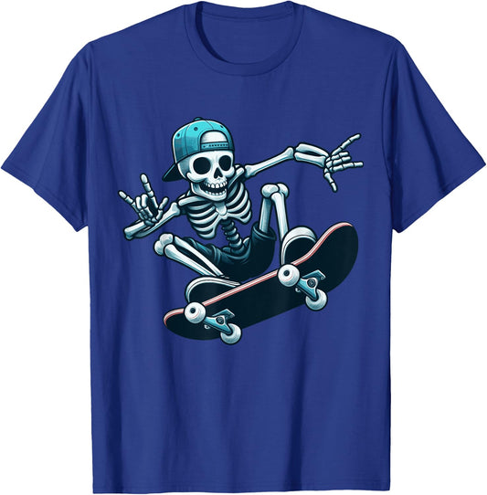 Skeleton Skater Trick Skateboard Skull Action Boney Cool Art T-Shirt - T-Shirt | Royal