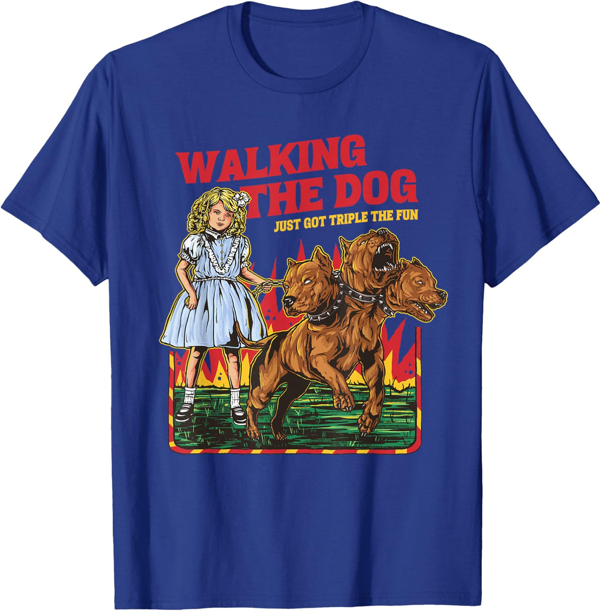 Walking The Dog Cerberus Funny Meme Graphic Vintage Retro T-Shirt - T-Shirt | Royal