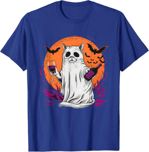 Halloween Ghost Cat Holding Wine Glass T-Shirt - T-Shirt | Royal