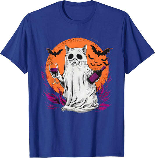 Halloween Ghost Cat Holding Wine Glass T-Shirt - T-Shirt | Royal