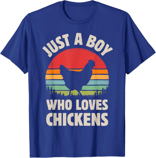 Chicken Just A Boy Who Loves Retro Farm Animal Farmer Sunset T-Shirt - T-Shirt | Royal