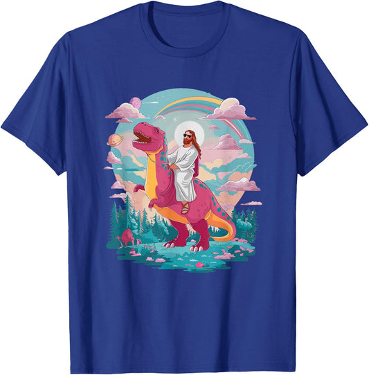 Funny Jesus Riding T-Rex Dinosaur Meme Parody for Believers T-Shirt - T-Shirt | Royal