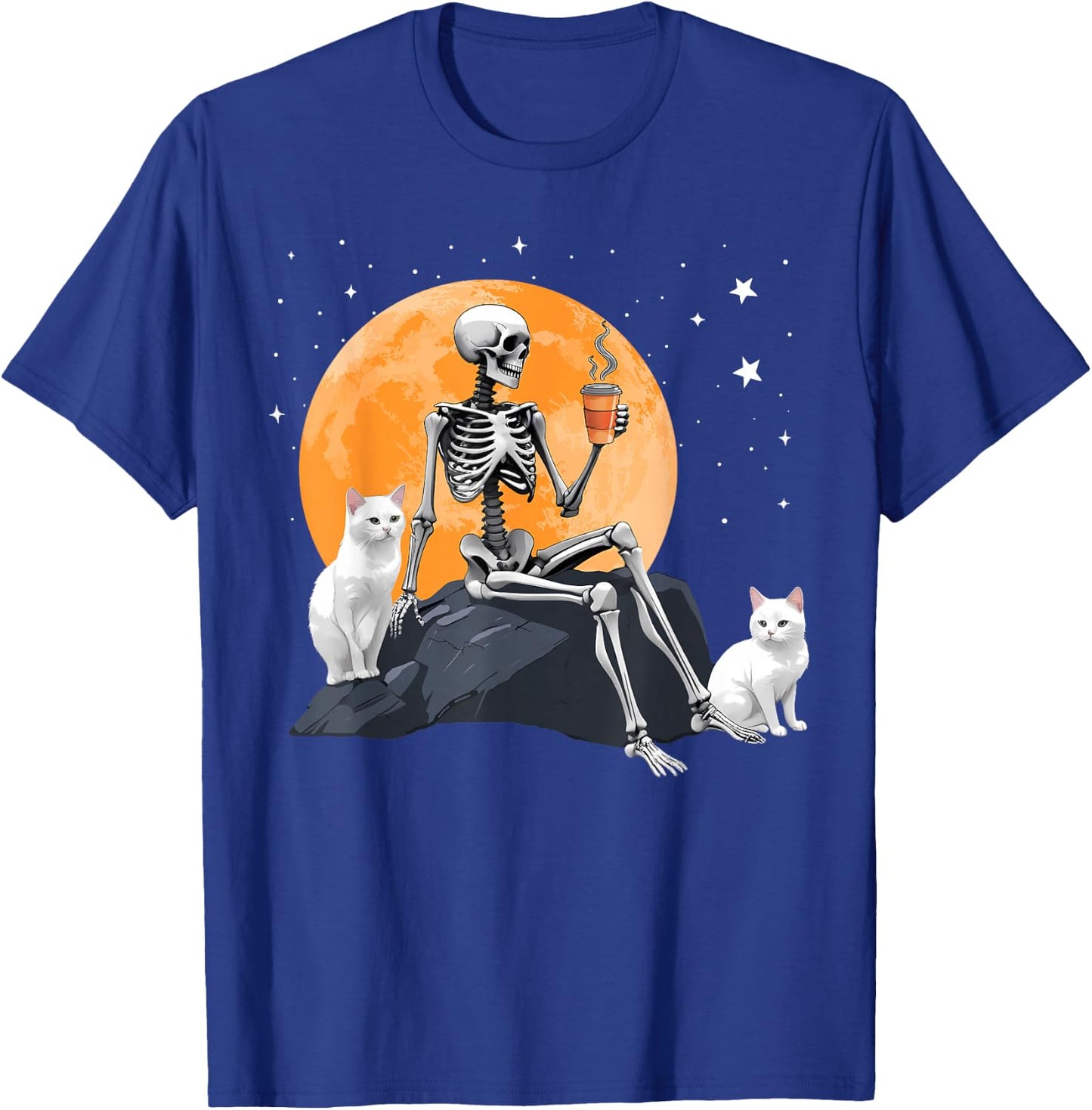 Cute Cat Kitten And Skeleton Drinking Coffee Halloween T-Shirt - T-Shirt | Royal