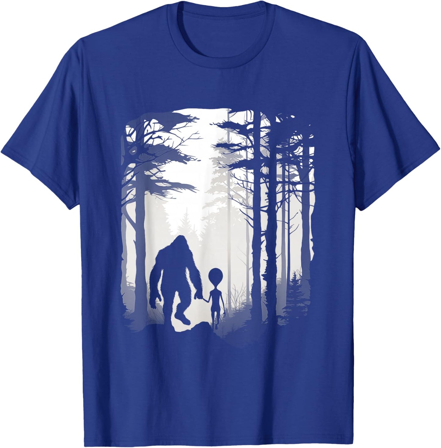 Funny Bigfoot Alien Holding Hands Foggy Forest Walk T-Shirt - T-Shirt | Royal